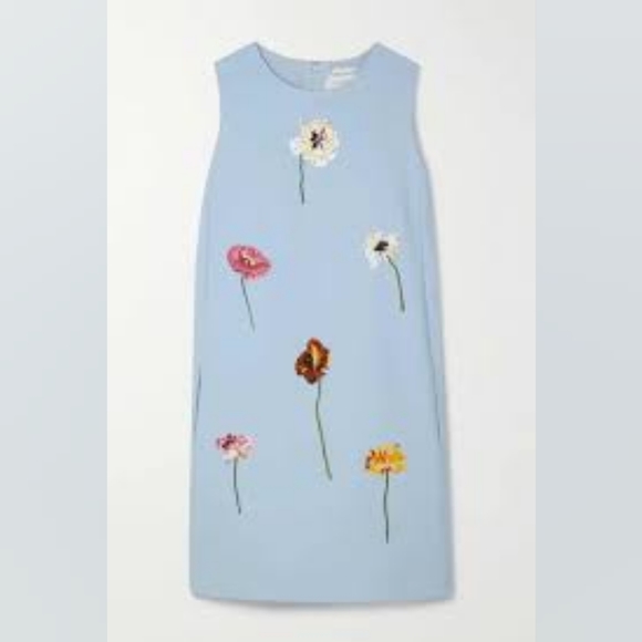 *$2,790 NEW OSCAR DE LA RENTA FLOWER EMBROID LIGHT BLUE WOOL DRESS US XL 16 - Picture 2 of 16